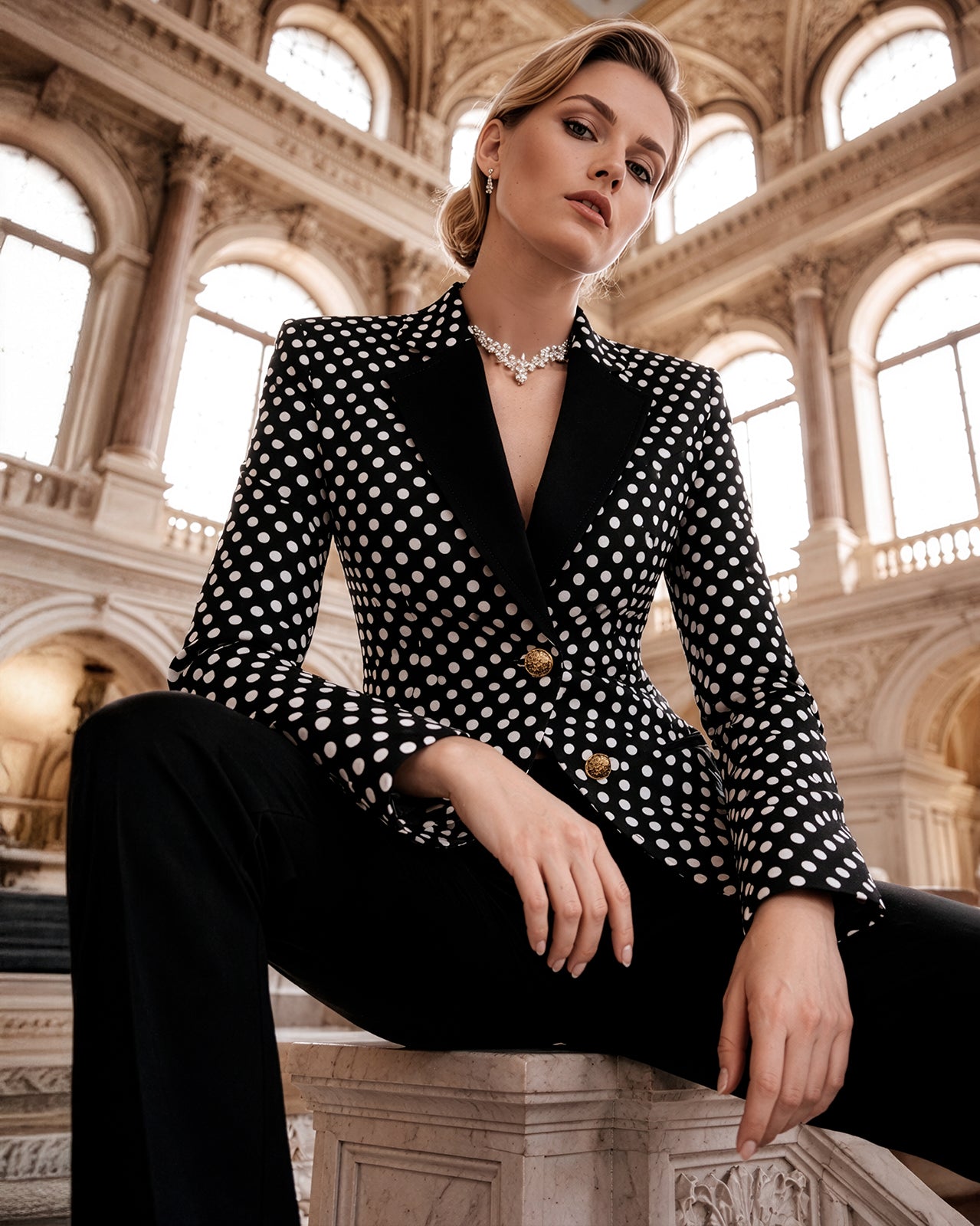 Blazer de mujer color negro con estampado de lunares, solapa lisa y botonera dorada. Una pieza elegante y versátil, ideal para uso diario o eventos formales. Milaches Primavera-Verano 2026